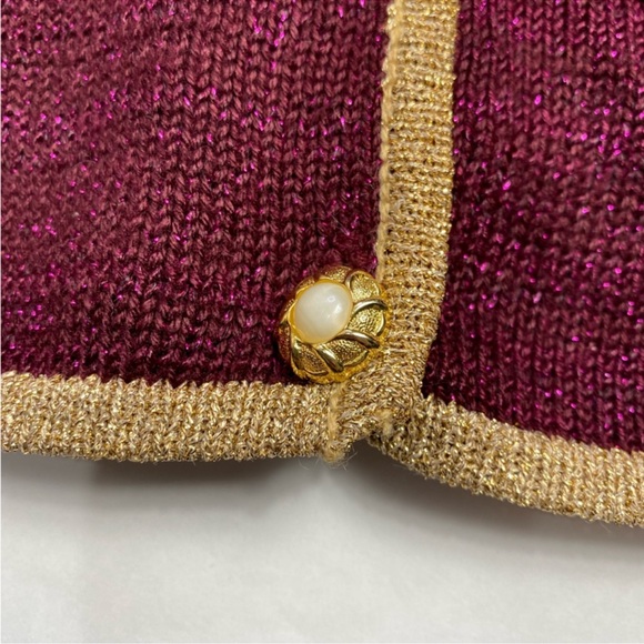 Vintage Metallic Knit Sweater Vest Floral Beaded Plum Purple Gold Trim M/L - Picture 4 of 12